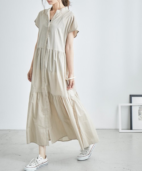 Fashion Letter（ファッションレター）の「フレンチスリーブティアードロングシャツワンピース（シャツワンピース・レディース・ブラック/ベージュ/オフホワイト・M）」の21枚目の写真