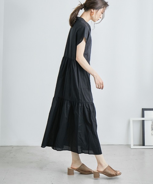 Fashion Letter（ファッションレター）の「フレンチスリーブティアードロングシャツワンピース（シャツワンピース・レディース・ブラック/ベージュ/オフホワイト・M）」の13枚目の写真