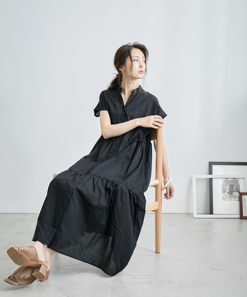 Fashion Letter（ファッションレター）の「フレンチスリーブティアードロングシャツワンピース（シャツワンピース・レディース・ブラック/ベージュ/オフホワイト・M）」の15枚目の写真