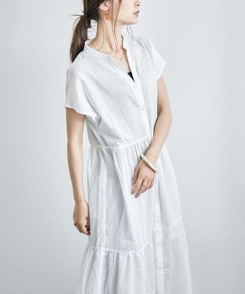 Fashion Letter（ファッションレター）の「フレンチスリーブティアードロングシャツワンピース（シャツワンピース・レディース・ブラック/ベージュ/オフホワイト・M）」の4枚目の写真