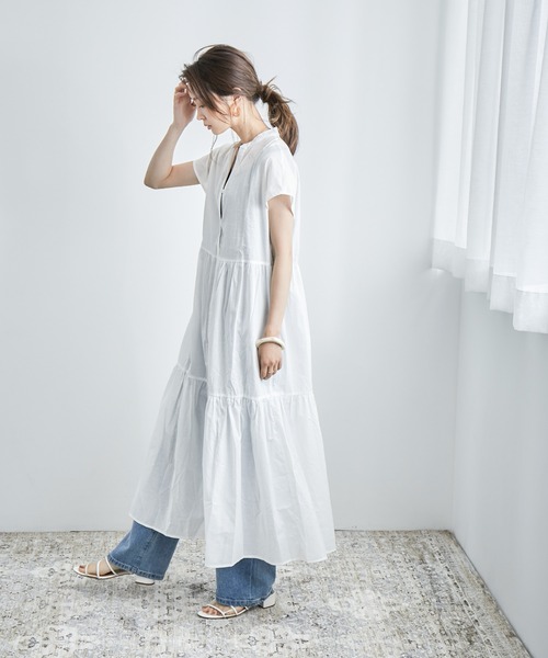 Fashion Letter（ファッションレター）の「フレンチスリーブティアードロングシャツワンピース（シャツワンピース・レディース・ブラック/ベージュ/オフホワイト・M）」の6枚目の写真