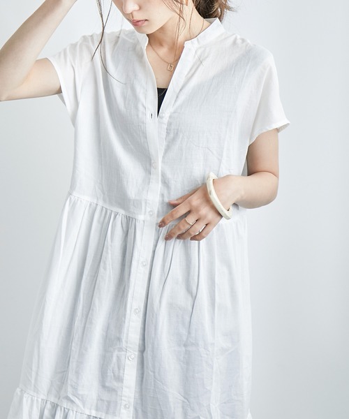 Fashion Letter（ファッションレター）の「フレンチスリーブティアードロングシャツワンピース（シャツワンピース・レディース・ブラック/ベージュ/オフホワイト・M）」の8枚目の写真