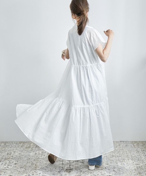 Fashion Letter（ファッションレター）の「フレンチスリーブティアードロングシャツワンピース（シャツワンピース・レディース・ブラック/ベージュ/オフホワイト・M）」の9枚目の写真