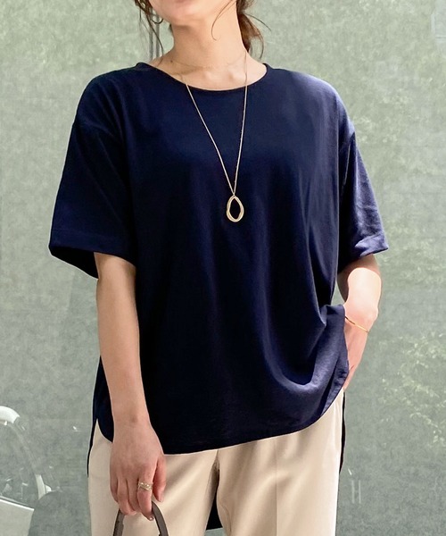 KOBE LETTUCE（コウベレタス）の「クルーネックラウンドヘムドロップショルダービッグチュニックTシャツ（Tシャツ/カットソー・レディース・オフホワイト/サックスブルー/ブラウン/ブラック/ネイビー/カーキ・L/M）」の5枚目の写真
