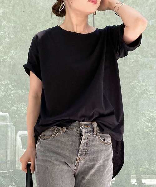 KOBE LETTUCE（コウベレタス）の「クルーネックラウンドヘムドロップショルダービッグチュニックTシャツ（Tシャツ/カットソー・レディース・オフホワイト/サックスブルー/ブラウン/ブラック/ネイビー/カーキ・L/M）」の3枚目の写真