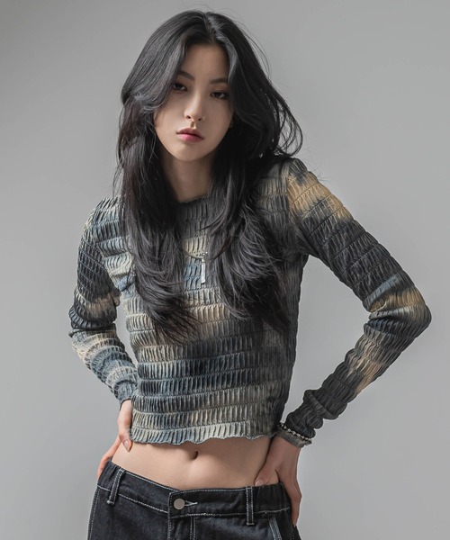 FOLLOWIN（フォロウィン）の「[FLW MADE] タイダイウェーブしわ加工スリムTシャツ（Tシャツ/カットソー・レディース・ブラック/オレンジ/ブルー/カーキ/ブラウン/チャコール・FREE）」の21枚目の写真