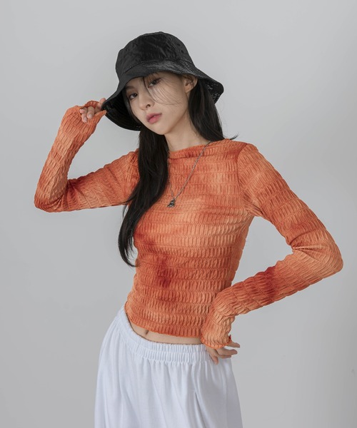 FOLLOWIN（フォロウィン）の「[FLW MADE] タイダイウェーブしわ加工スリムTシャツ（Tシャツ/カットソー・レディース・ブラック/オレンジ/ブルー/カーキ/ブラウン/チャコール・FREE）」の9枚目の写真