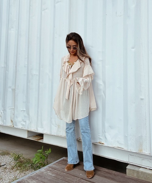 esutoreja（エストレジャ）の「シースルーフリルギャザーブラウス（シャツ/ブラウス・レディース・ベージュ/ブラック・FREE）」の8枚目の写真