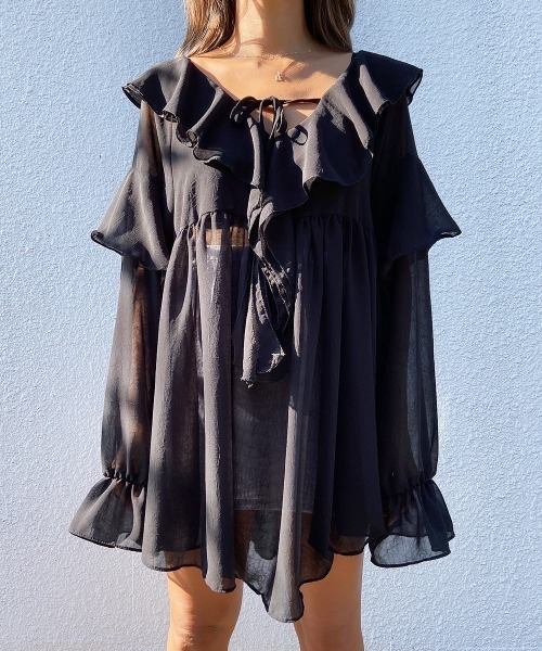 esutoreja（エストレジャ）の「シースルーフリルギャザーブラウス（シャツ/ブラウス・レディース・ベージュ/ブラック・FREE）」の10枚目の写真