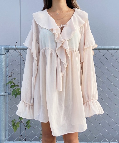 esutoreja（エストレジャ）の「シースルーフリルギャザーブラウス（シャツ/ブラウス・レディース・ベージュ/ブラック・FREE）」の12枚目の写真