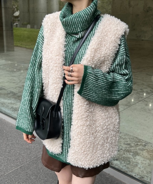 PairPair(ペアペア)の「ストライプタートルニット(ユニセックス)(ニット/セーター・レディース・グリーン/ベージュ/ブラック・FREE)」の13枚目の写真