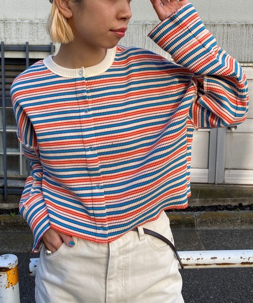 CIAOPANIC(チャオパニック)の「レトロリブボーダーカットカーディガン(カーディガン/ボレロ・レディース・グリーン/アイボリー・FREE)」の1枚目の写真