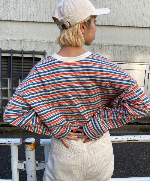 CIAOPANIC(チャオパニック)の「レトロリブボーダーカットカーディガン(カーディガン/ボレロ・レディース・グリーン/アイボリー・FREE)」の5枚目の写真