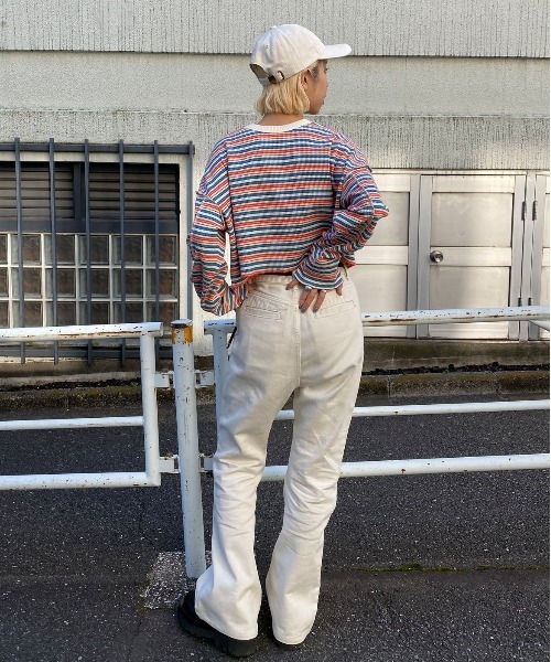 CIAOPANIC(チャオパニック)の「レトロリブボーダーカットカーディガン(カーディガン/ボレロ・レディース・グリーン/アイボリー・FREE)」の8枚目の写真