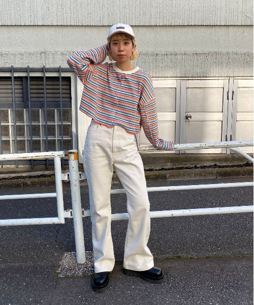 CIAOPANIC(チャオパニック)の「レトロリブボーダーカットカーディガン(カーディガン/ボレロ・レディース・グリーン/アイボリー・FREE)」の7枚目の写真