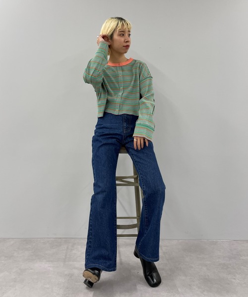 CIAOPANIC(チャオパニック)の「レトロリブボーダーカットカーディガン(カーディガン/ボレロ・レディース・グリーン/アイボリー・FREE)」の12枚目の写真