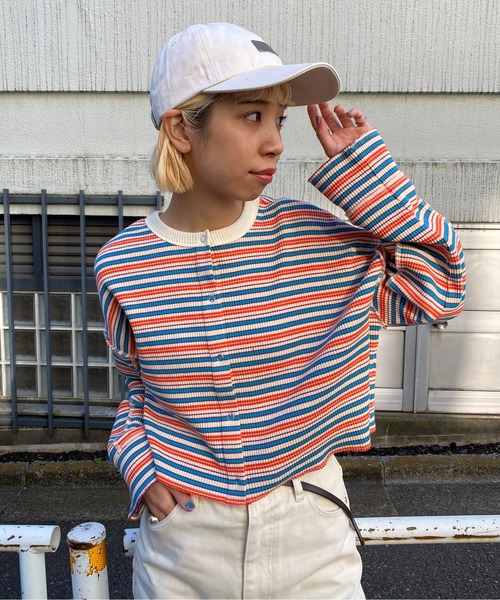 CIAOPANIC(チャオパニック)の「レトロリブボーダーカットカーディガン(カーディガン/ボレロ・レディース・グリーン/アイボリー・FREE)」の17枚目の写真