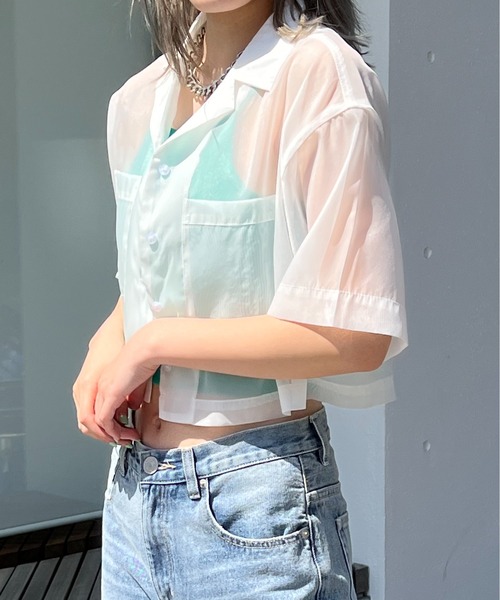 one way（ワンウェイ）の「開襟ショートシャツ（シャツ/ブラウス・レディース・ライトブルー/ブラック/ライトグリーン/ホワイト/イエロー/ライトピンク・FREE）」の2枚目の写真