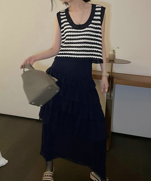 VitaFelice（ヴィータフェリーチェ）の「パンチングボーダーショート丈ベスト（ベスト・レディース・ブラック/ベージュ/ホワイト・FREE）」の3枚目の写真