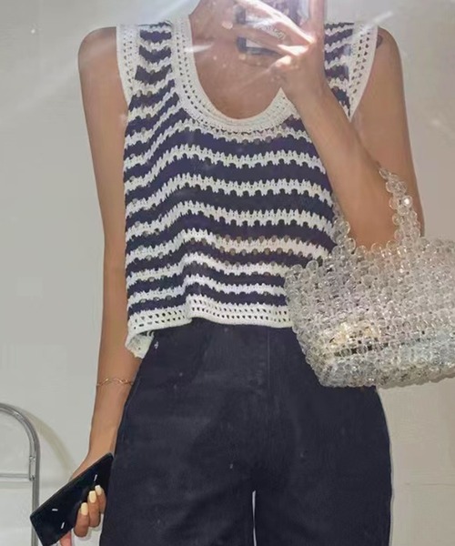 VitaFelice（ヴィータフェリーチェ）の「パンチングボーダーショート丈ベスト（ベスト・レディース・ブラック/ベージュ/ホワイト・FREE）」の13枚目の写真