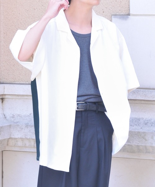 NILWAY（ニルウェイ）の「配色サイドラインドレープオーバーサイズオープンカラートラックシャツ（シャツ/ブラウス・メンズ・ブラック/アイボリー/グリーン・LARGE/MEDIUM）」の2枚目の写真