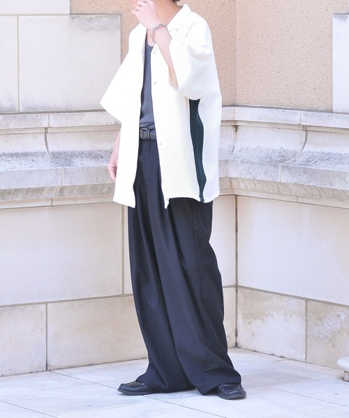 NILWAY（ニルウェイ）の「配色サイドラインドレープオーバーサイズオープンカラートラックシャツ（シャツ/ブラウス・メンズ・ブラック/アイボリー/グリーン・LARGE/MEDIUM）」の22枚目の写真