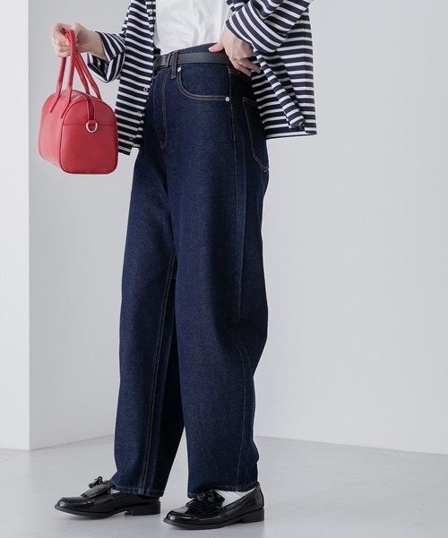 ハイウエストデニムパンツ ダークブルー ウエストタックハイウエストデニムパンツ 通販【ニッセン】