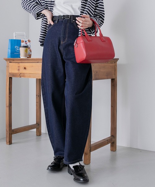 nagonstans☆赤ステッチ☆タック入り☆ハイウエスト☆カーヴィデニムパンツ デニムパンツ タックワイドパンツ ハイウエスト 春 夏 新作[品番