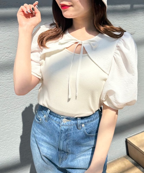 OLIVE des OLIVE（オリーブデオリーブ）の「袖異素材配色プルオーバー（Tシャツ/カットソー・レディース・ブラック/オフホワイト/サックスブルー・FREE）」の2枚目の写真