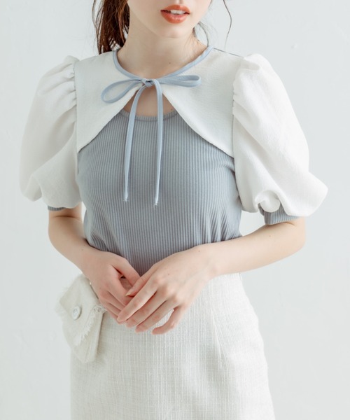 OLIVE des OLIVE（オリーブデオリーブ）の「袖異素材配色プルオーバー（Tシャツ/カットソー・レディース・ブラック/オフホワイト/サックスブルー・FREE）」の3枚目の写真