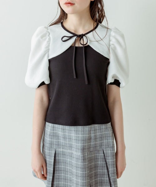 OLIVE des OLIVE（オリーブデオリーブ）の「袖異素材配色プルオーバー（Tシャツ/カットソー・レディース・ブラック/オフホワイト/サックスブルー・FREE）」の16枚目の写真