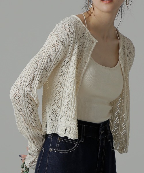 FREE'S MART(フリーズマート)の「◇前後2Way透かし編みカーディガン(カーディガン/ボレロ・レディース・ブラック/ホワイト/グリーン・FREE)」の2枚目の写真