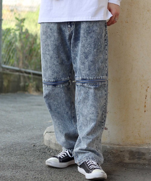 SITRY（シトリー）の「Wide Tapered Zip Denim pants/ワイドテーパード ジップ デニム パンツ（デニムパンツ・メンズ・ホワイト/ブラック/ケミカルウォッシュ/ライトブラック・L/M）」の4枚目の写真