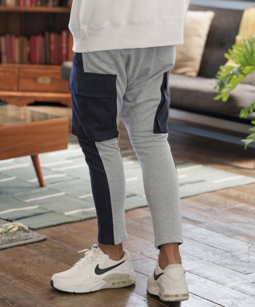 CAMBIO(カンビオ)の「mp11665-ツイル×裏毛スウェット異素材切替カーゴパンツ(カーゴパンツ・メンズ・カーキ系/ネイビー系/ベージュ系その他/ブラック×ベージュ・XL/L/M)」の4枚目の写真