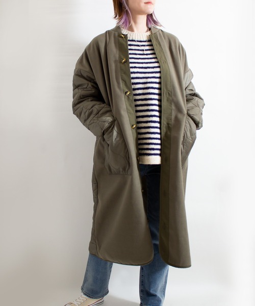 ALL ORDINARIES(オールオーディナリーズ)の「【HUNCH(ハンチ)】ウールライク×リップストップ 異素材キルトコート(ノーカラーコート・レディース・オリーブ/ブラック/グレイッシュベージュ・FREE)」の22枚目の写真