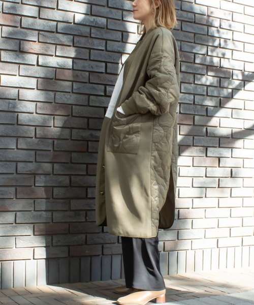 ALL ORDINARIES(オールオーディナリーズ)の「【HUNCH(ハンチ)】ウールライク×リップストップ 異素材キルトコート(ノーカラーコート・レディース・オリーブ/ブラック/グレイッシュベージュ・FREE)」の21枚目の写真