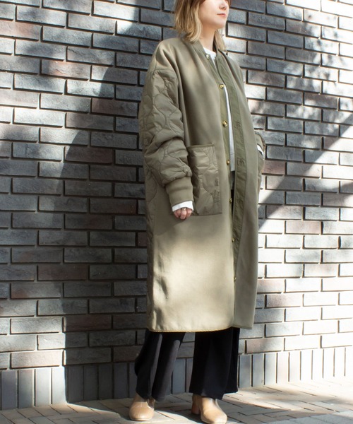 ALL ORDINARIES(オールオーディナリーズ)の「【HUNCH(ハンチ)】ウールライク×リップストップ 異素材キルトコート(ノーカラーコート・レディース・オリーブ/ブラック/グレイッシュベージュ・FREE)」の20枚目の写真
