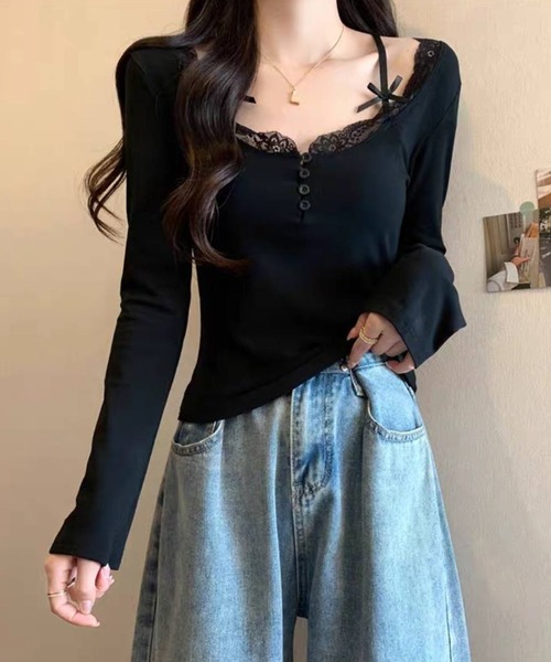 セール】肩紐リボン ヘンリーネック 長袖Tシャツ トップス（Tシャツ