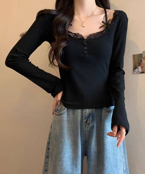 セール】肩紐リボン ヘンリーネック 長袖Tシャツ トップス（Tシャツ