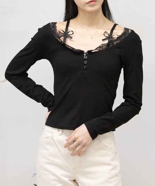 セール】肩紐リボン ヘンリーネック 長袖Tシャツ トップス（Tシャツ