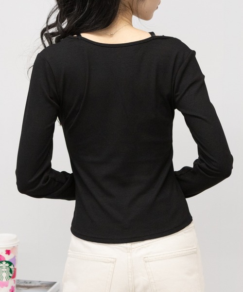 セール】肩紐リボン ヘンリーネック 長袖Tシャツ トップス（Tシャツ