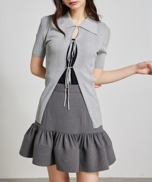 ヘザーカラーリボンニットトップス サマーニット 半袖 夏服