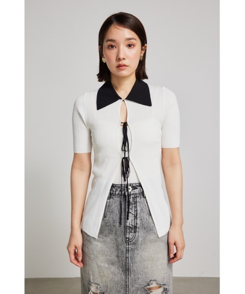 セール】ヘザーカラーリボンニットトップス サマーニット 半袖 夏服