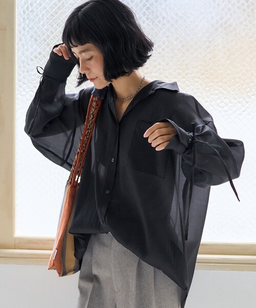 FREAK'S STORE（フリークスストア）の「シアーワッシャーシャツ/袖リボン シアーシャツ（シャツ/ブラウス・レディース・ピンク/ブラウン/ブラック/オフホワイト・ﾌﾘ-）」の3枚目の写真