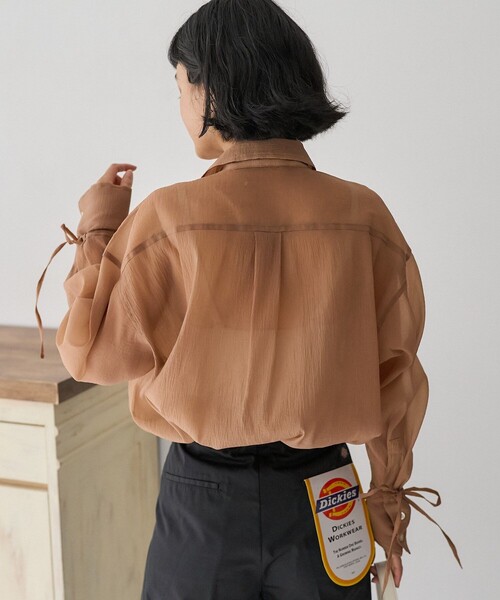FREAK'S STORE（フリークスストア）の「シアーワッシャーシャツ/袖リボン シアーシャツ（シャツ/ブラウス・レディース・ピンク/ブラウン/ブラック/オフホワイト・ﾌﾘ-）」の12枚目の写真