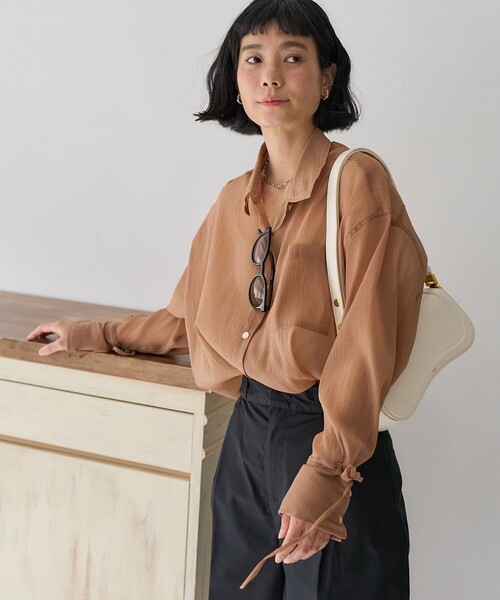 FREAK'S STORE（フリークスストア）の「シアーワッシャーシャツ/袖リボン シアーシャツ（シャツ/ブラウス・レディース・ピンク/ブラウン/ブラック/オフホワイト・ﾌﾘ-）」の14枚目の写真