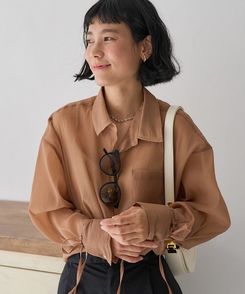 FREAK'S STORE（フリークスストア）の「シアーワッシャーシャツ/袖リボン シアーシャツ（シャツ/ブラウス・レディース・ピンク/ブラウン/ブラック/オフホワイト・ﾌﾘ-）」の15枚目の写真