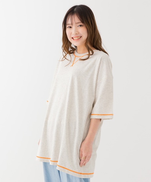 JAM & LINK(ジャムアンドリンク)の「綿100% 配色ステッチ ワイドシルエット 半袖Tシャツ(Tシャツ/カットソー・メンズ・パープル/グリーン/ターコイズブルー/ネイビー/ピンク/ホワイト/オートミール/ブラック/マスタード/レッド・L/S/M)」の1枚目の写真