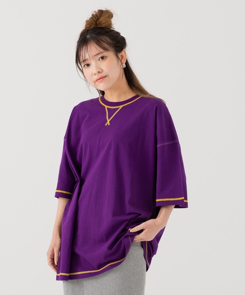JAM & LINK(ジャムアンドリンク)の「綿100% 配色ステッチ ワイドシルエット 半袖Tシャツ(Tシャツ/カットソー・メンズ・パープル/グリーン/ターコイズブルー/ネイビー/ピンク/ホワイト/オートミール/ブラック/マスタード/レッド・L/S/M)」の7枚目の写真