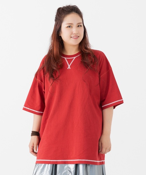 JAM & LINK(ジャムアンドリンク)の「綿100% 配色ステッチ ワイドシルエット 半袖Tシャツ(Tシャツ/カットソー・メンズ・パープル/グリーン/ターコイズブルー/ネイビー/ピンク/ホワイト/オートミール/ブラック/マスタード/レッド・L/S/M)」の10枚目の写真